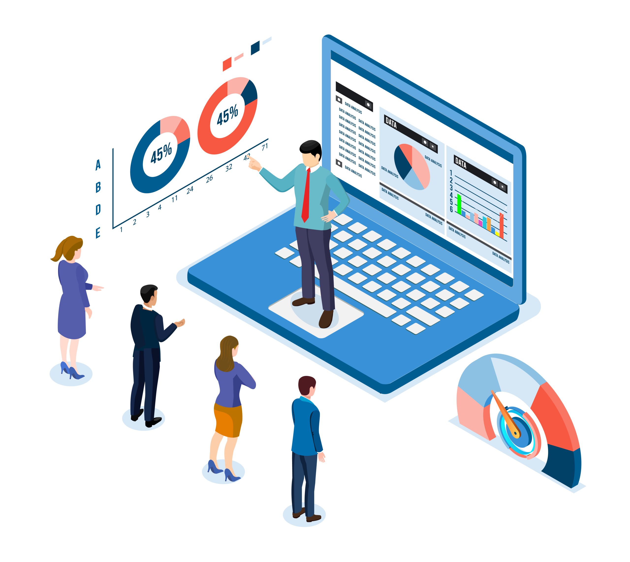 Isometric businesswoman lead and present businesspeople for trai
